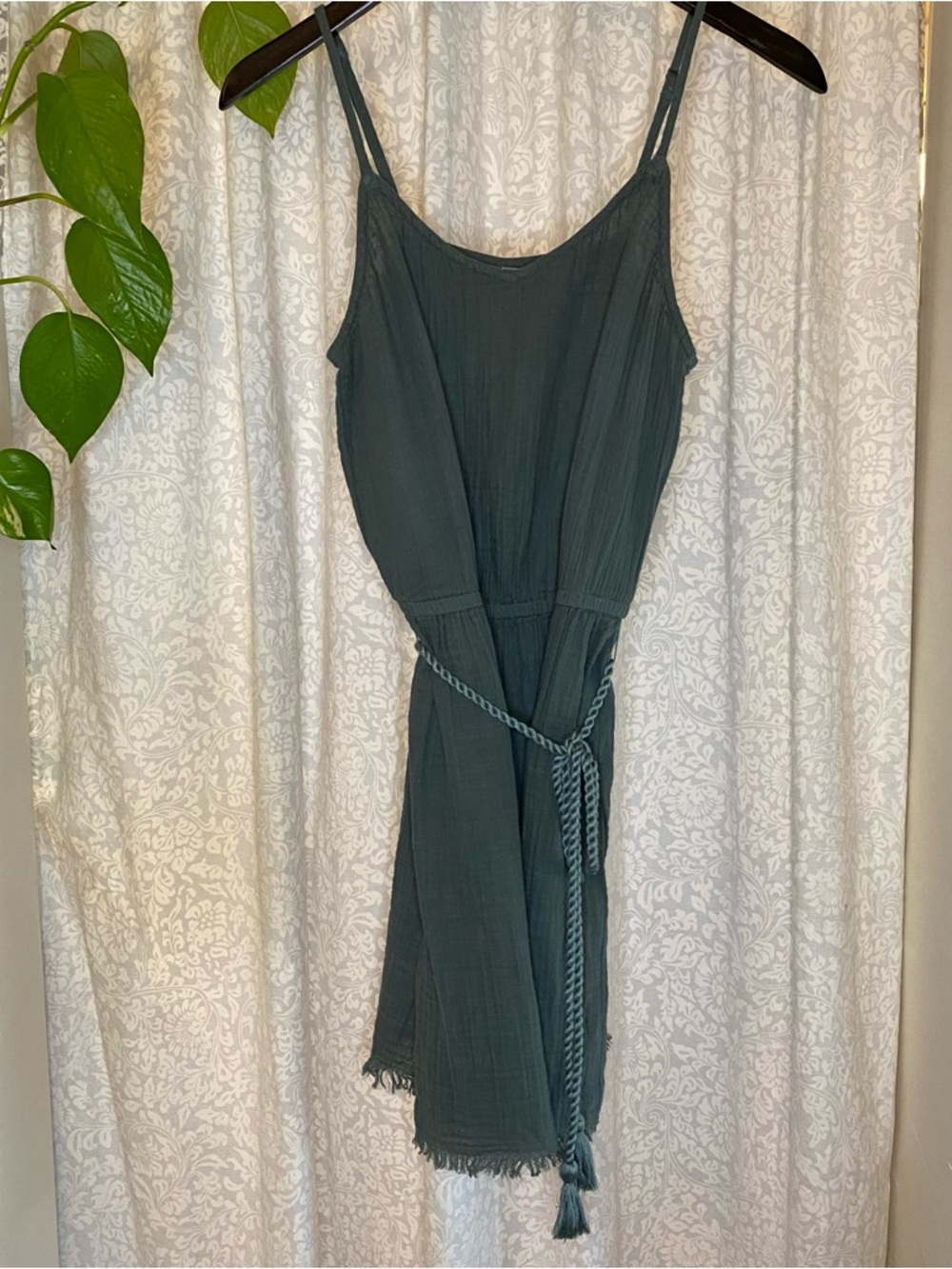 aerie 100% Cotton Mini Dress with Rope Waist Tie - Dark Teal